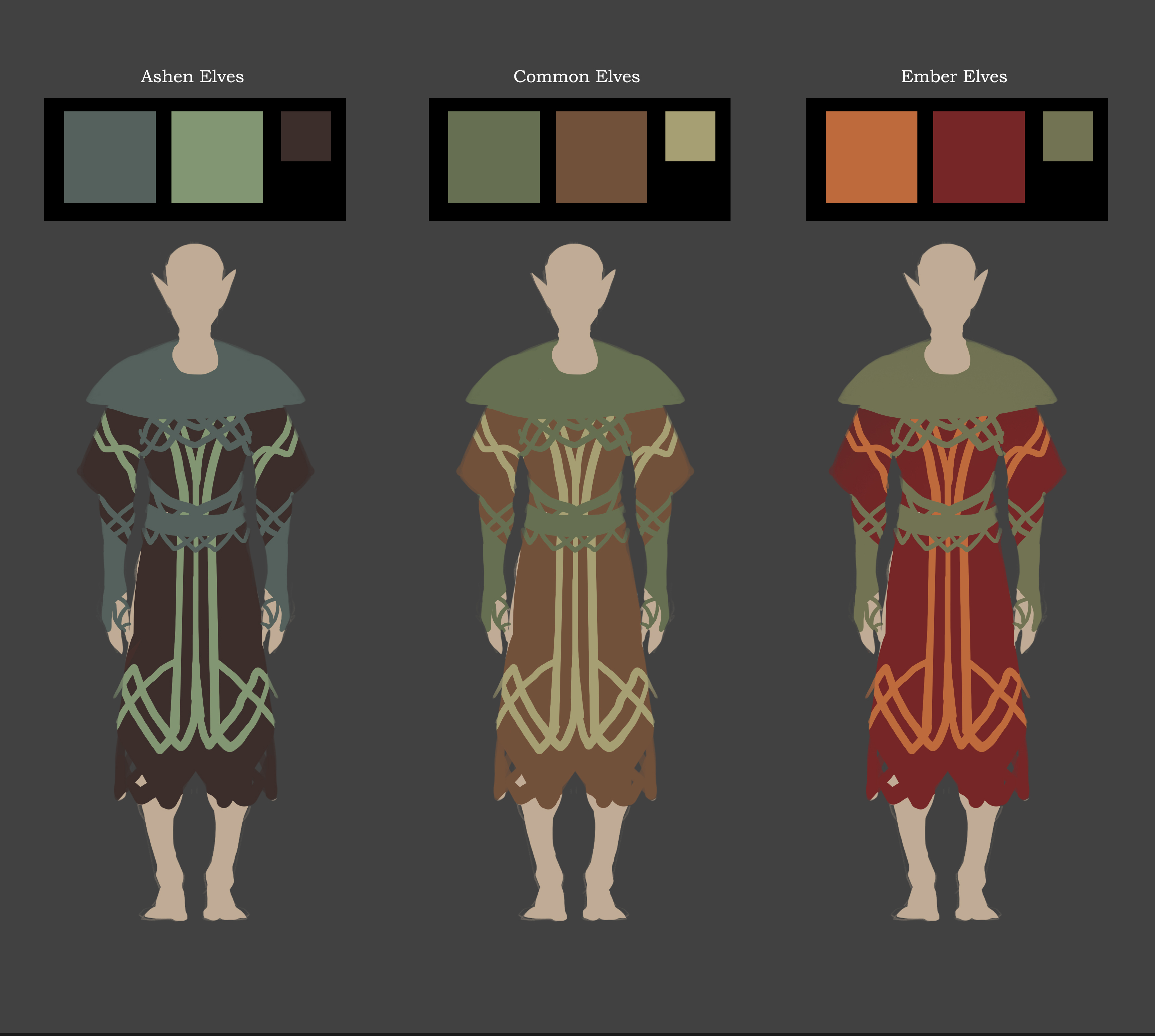 2018-Feb 14: concept art of color palettes for Ashen, Common, and Ember Elves