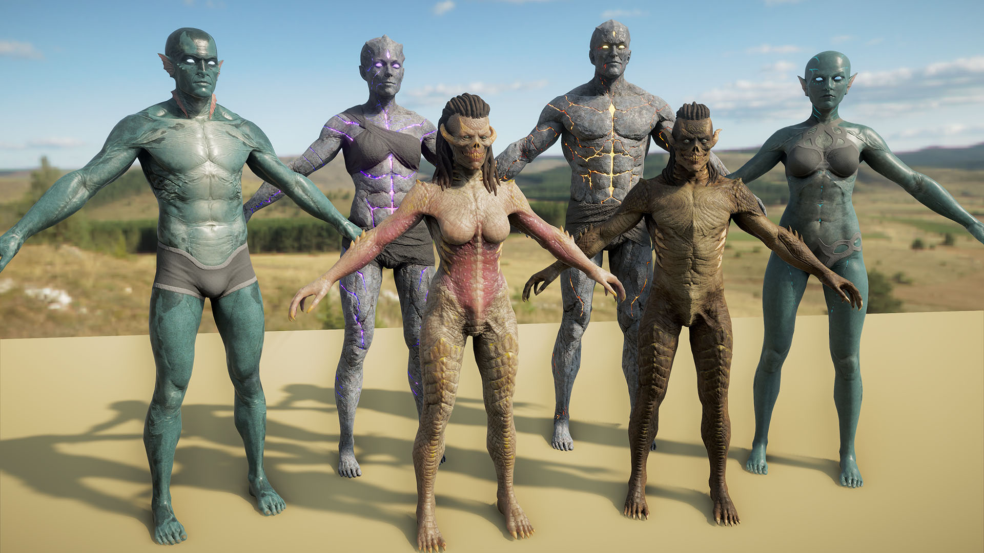 2020-Mar 6: render of (from left to right) male Dark Myr, female Archai, female Skar, male Archai, male Skar, and female Dark Myr character models