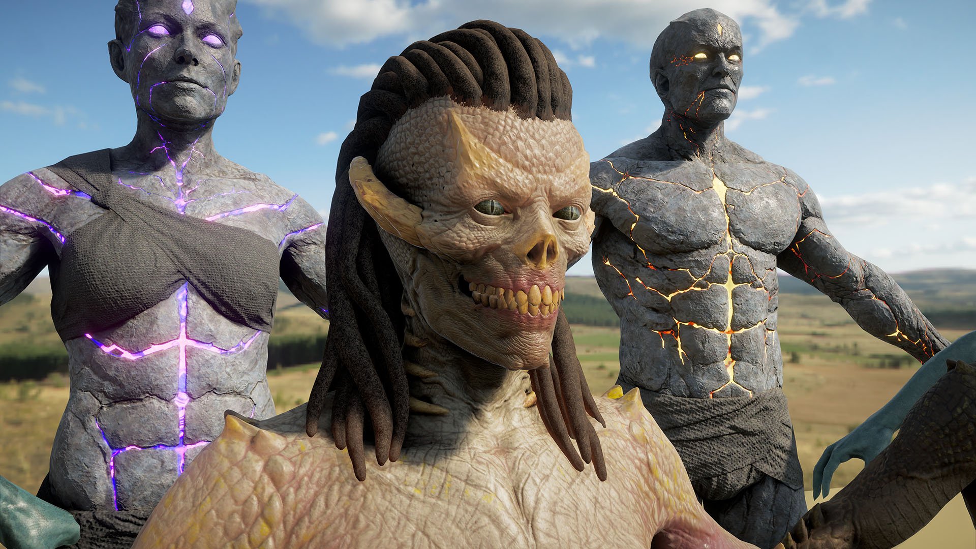 2020-Mar 6: close-up of render of (from left to right) female Archai, Skar, and male Archai character models