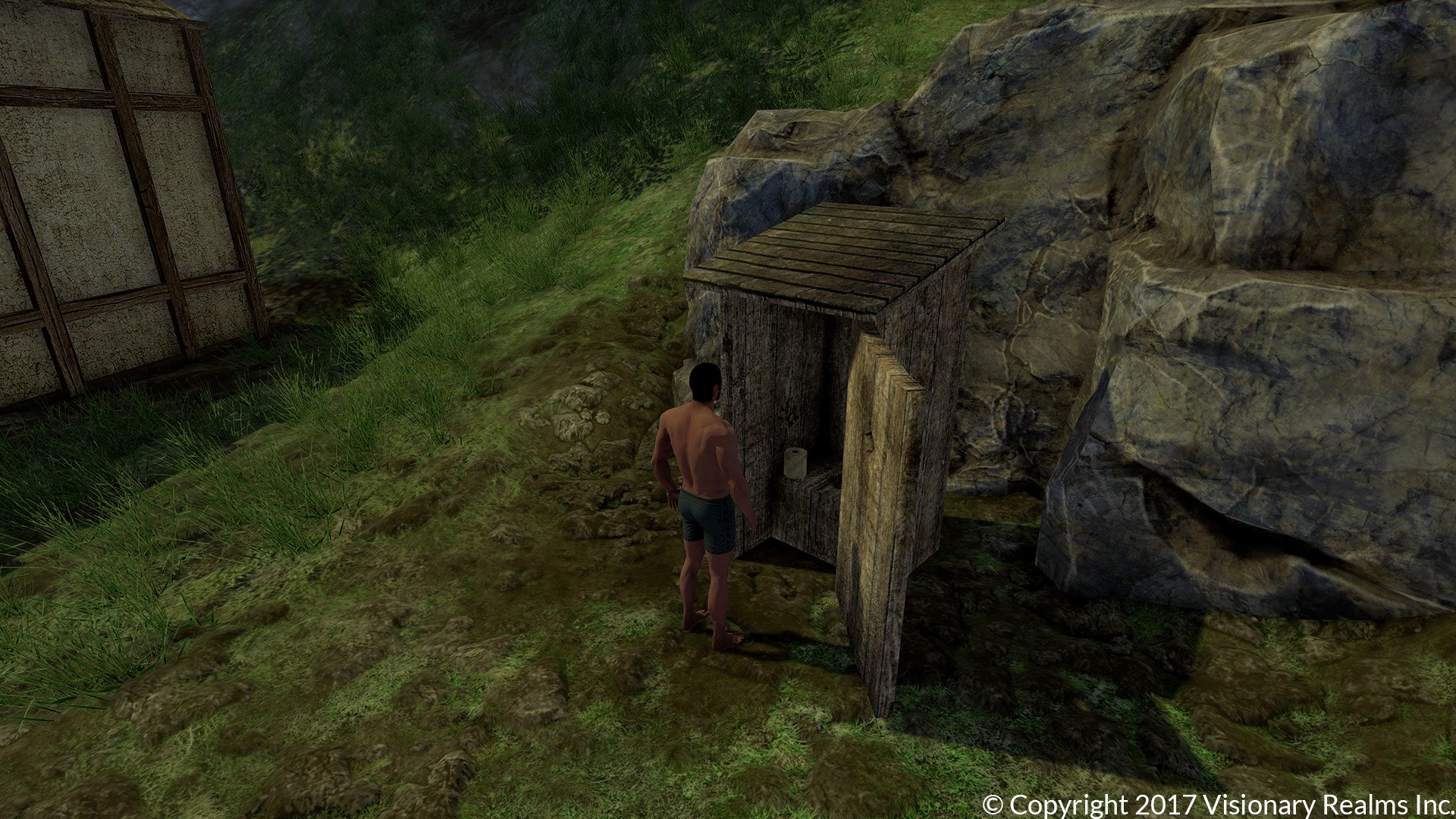 2017-May 18: Human character model outside an outhouse