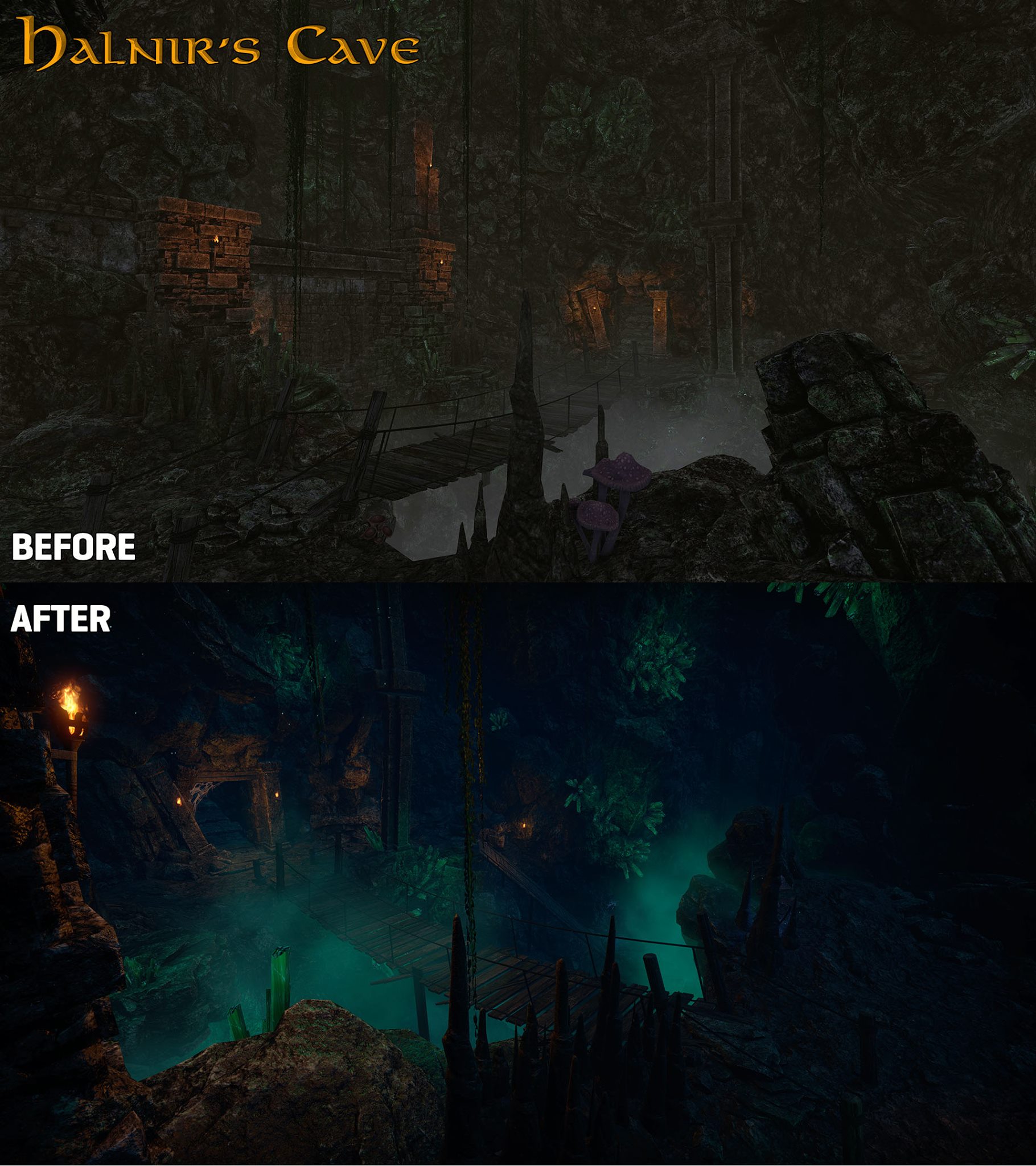 2017-Sep 13: Before-and-after screenshots of lighting changes in Halnir Cave