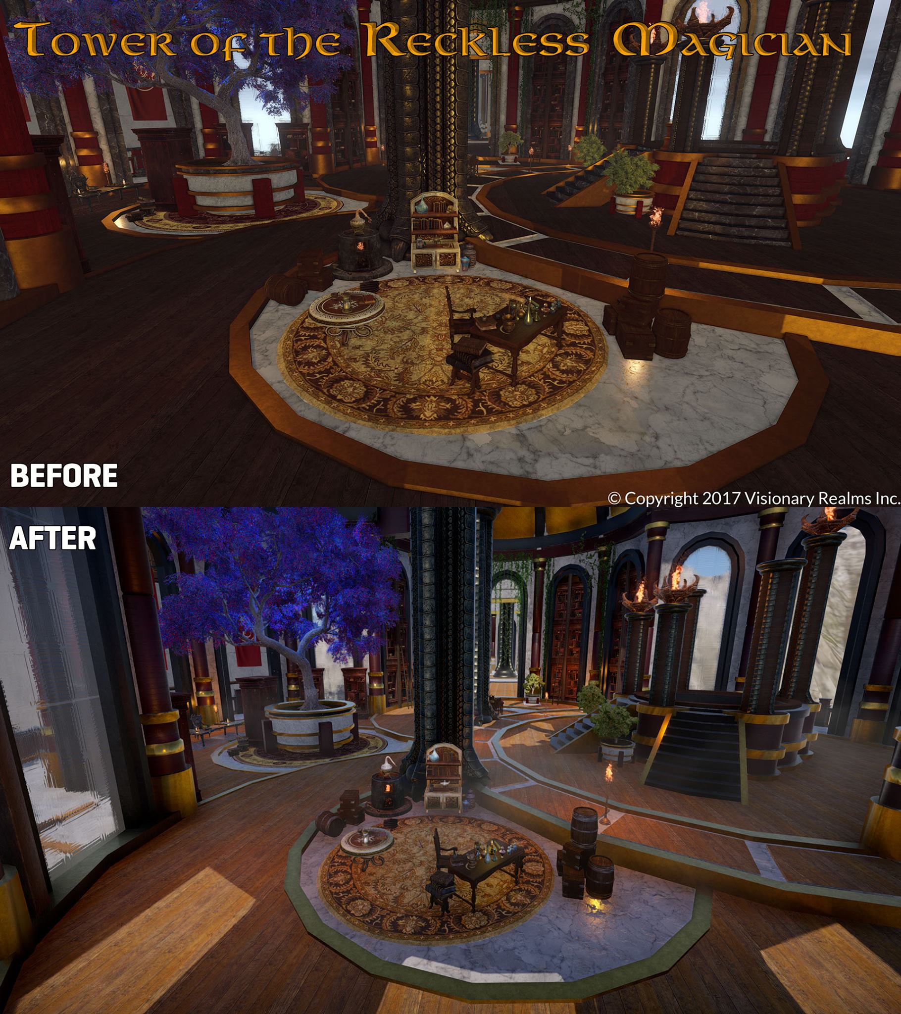 2017-Sep 13: Before-and-after screenshots of lighting changes in Tower of the Reckless Magician