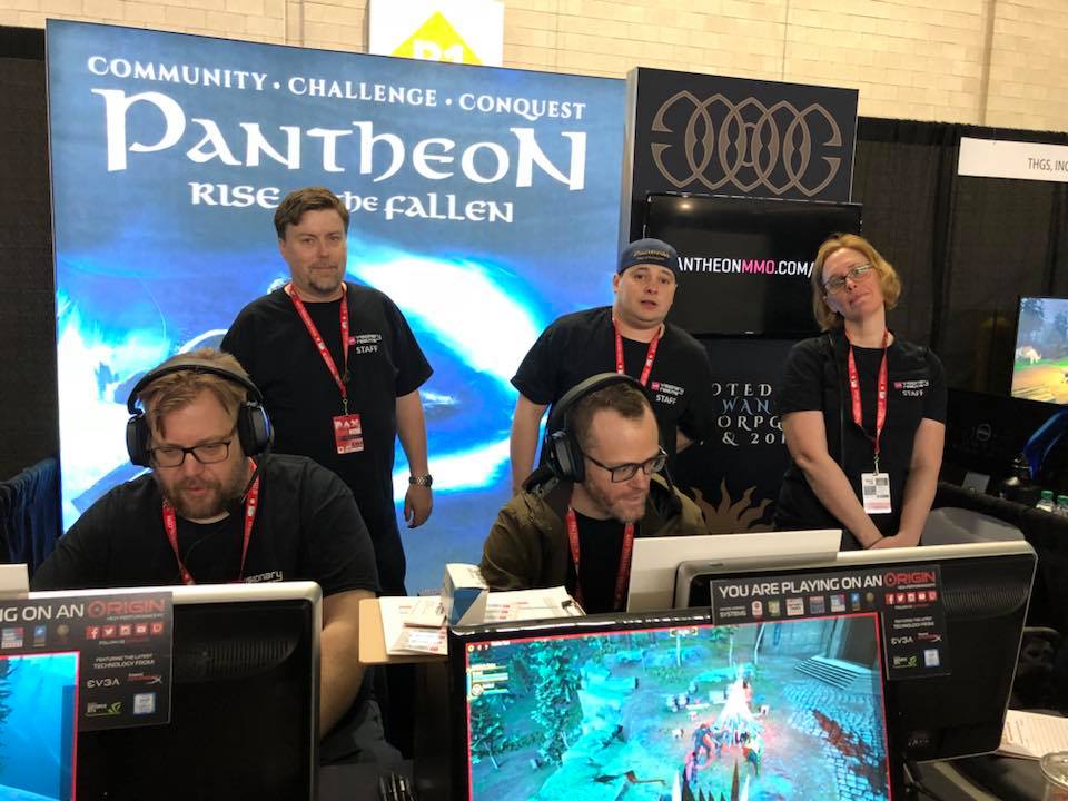 2018-Apr 5: 2018-Apr 5: Back, from left to right: Brad McQuaid, Tim Wathen, Lynn Ashworth; Front, from left to right - Ben Dean, Chris Perkins at the Visionary Realms booth at PAX East 2018