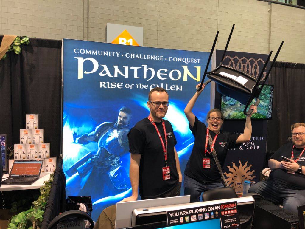 2018-Apr 9: From left to right - Chris Perkins, Elicia Basoli, and Ben Dean at the Visionary Realms booth at PAX East 2018