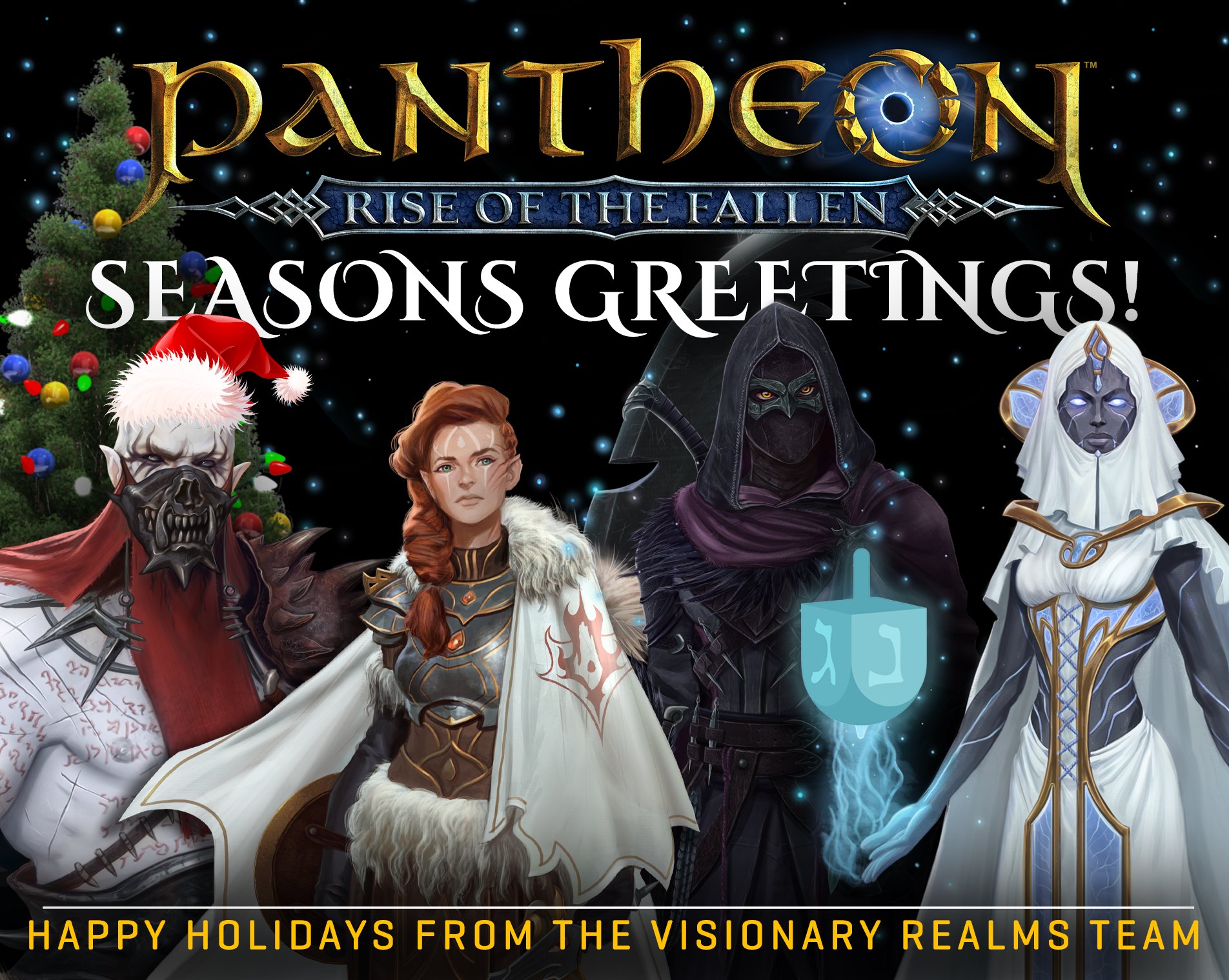 2020-Dec 24: Seasons Greetings promo with modified concept art of (from left to right) Arak'amel Dhaun, Thaeolyn Greyborne, Janis Sova, and Bel-Iris