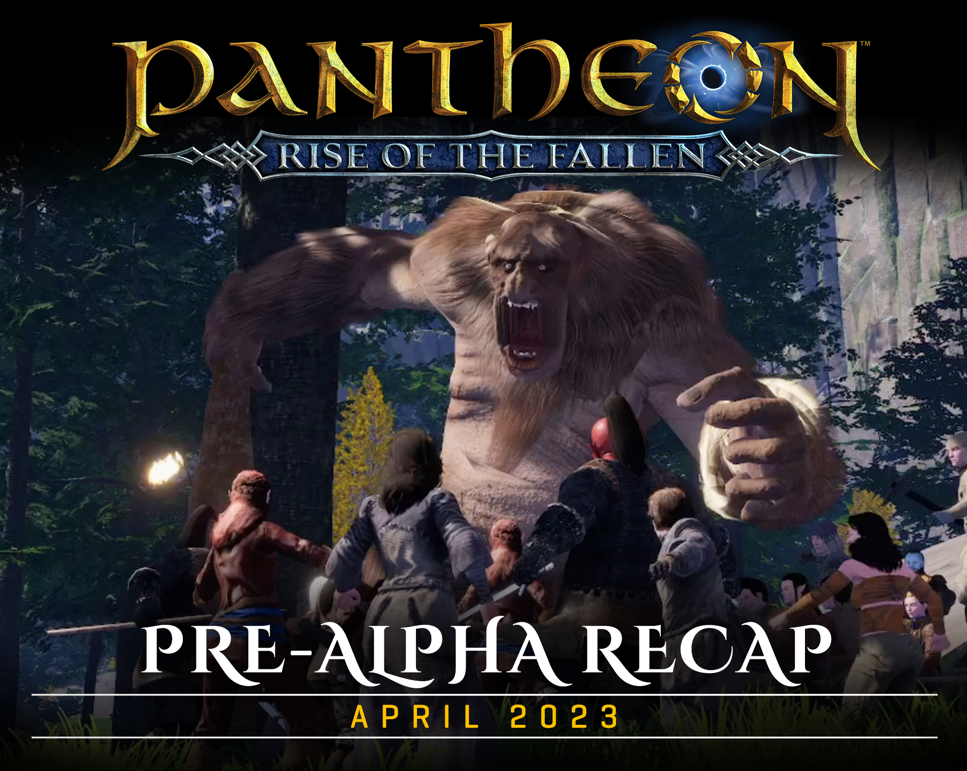 2023-Apr 18: promo with screenshot of character models in combat with a troll boss NPC outside the Human starting area of Thronefast during a Pre-Alpha test