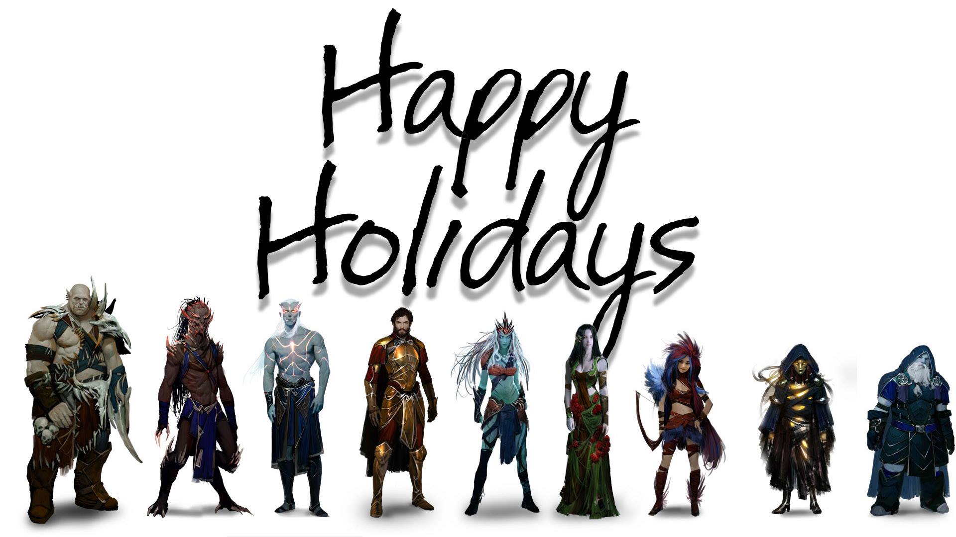 2016-Dec 8: Happy Holidays promo with (from left to right) Ogre, Skar, Archai, Human, Dark Myr, Elf, Halfling, Gnome, and Dwarf concept art