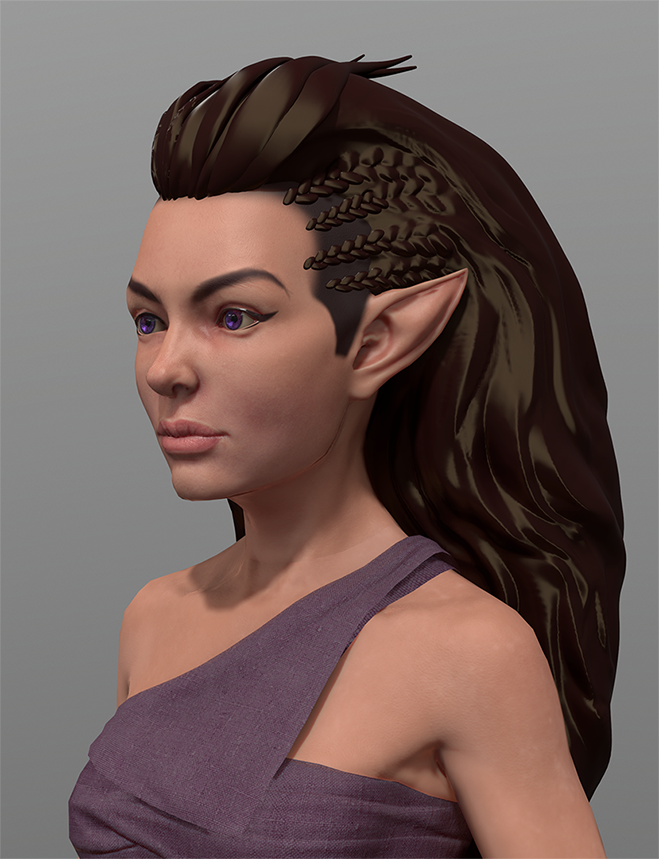 2017-Oct 11: close-up of render of Halfling character model with work-in-progress hair